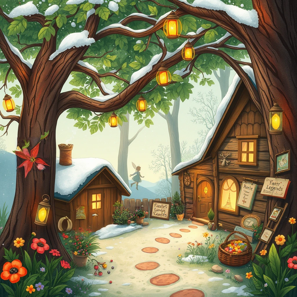 Image B of the puzzle: hidden faerie village under giant trees with glowing lanterns and flowers