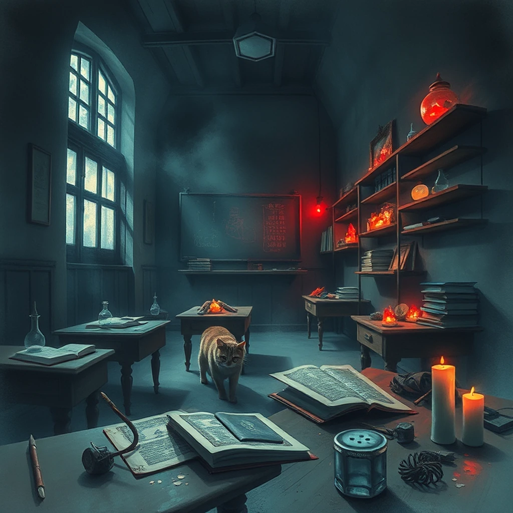 Image A of the puzzle: hidden wizard academy classroom full of spellbooks and crystals