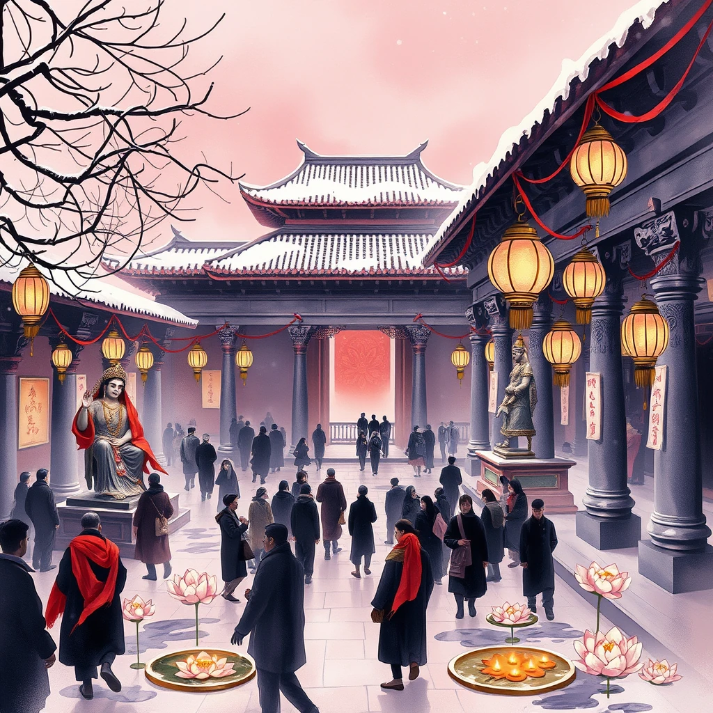 Image A of the puzzle: hindu goddess temple courtyard filled with lotus ponds and brass bells