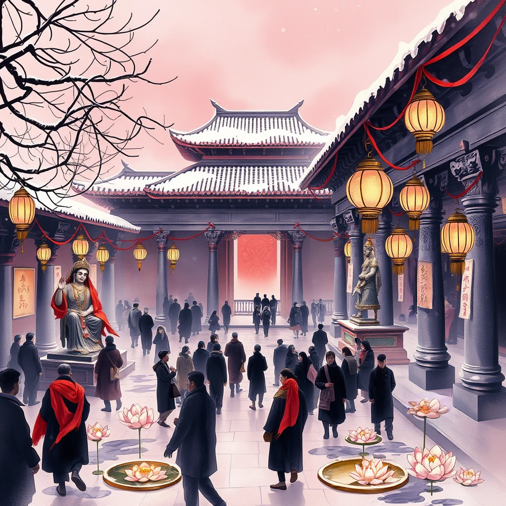 Image B of the puzzle: hindu goddess temple courtyard filled with lotus ponds and brass bells