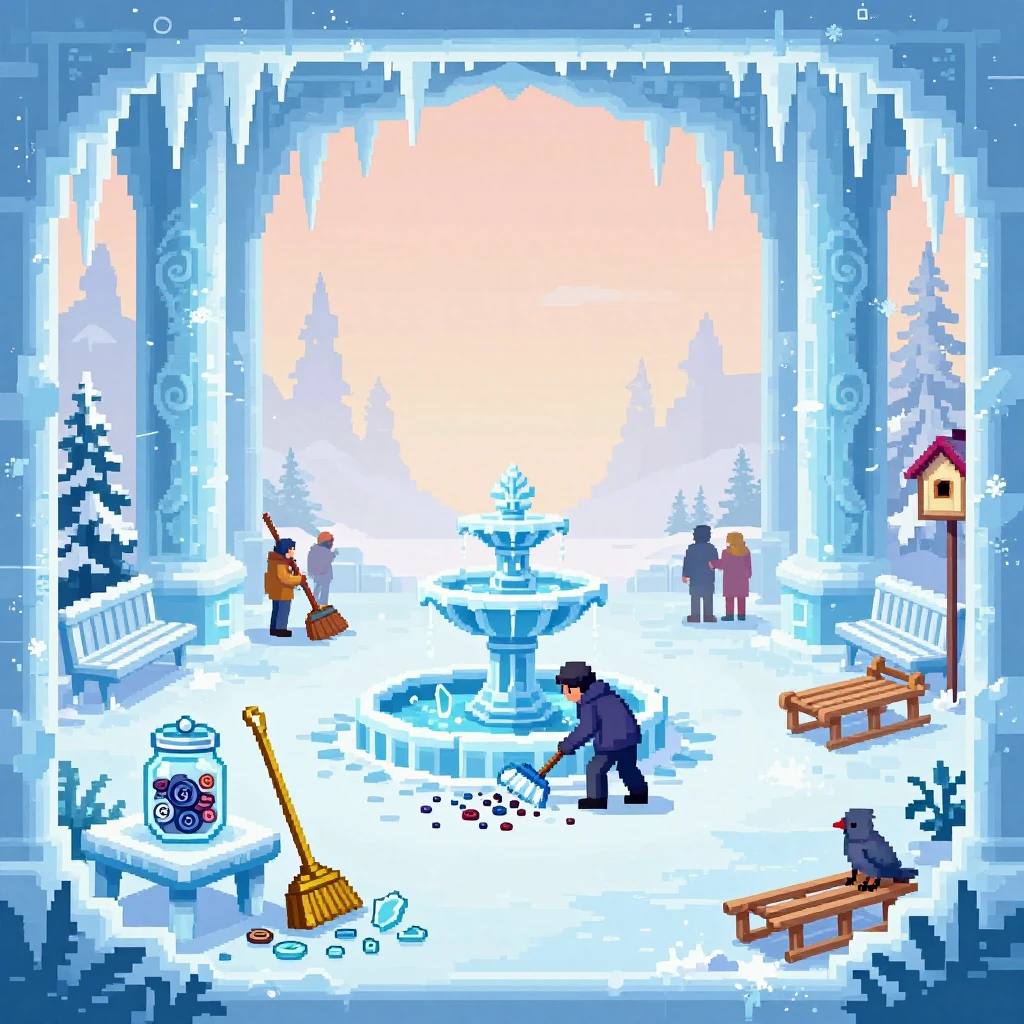 In an ice palace garden, a jar of buttons spilled on a crisp early morning, pale blue and peach light, scattered glass shards and frosty pillars