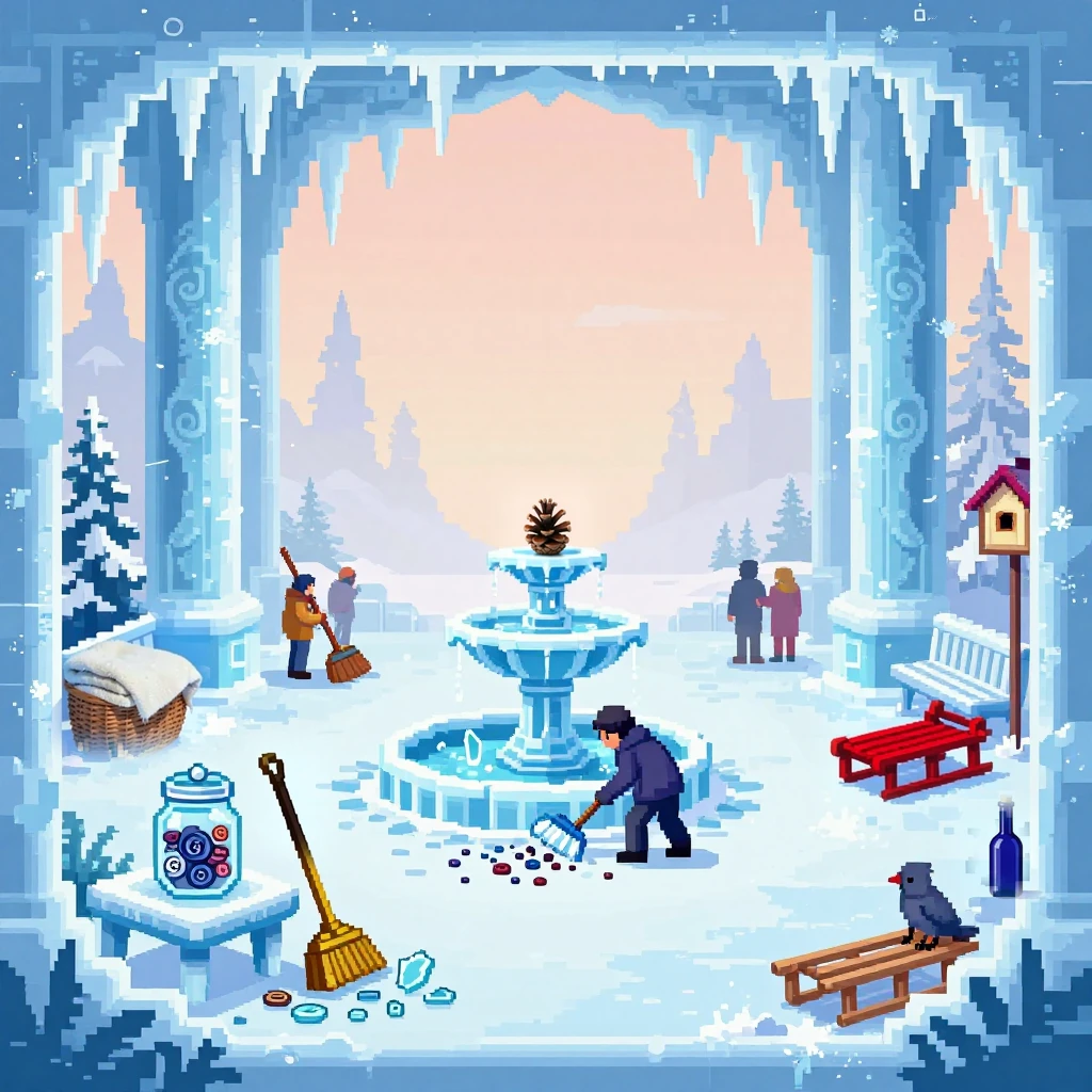 Image B of the puzzle: In an ice palace garden, a jar of buttons spilled on a crisp early morning, pale blue and peach light, scattered glass shards and frosty pillars