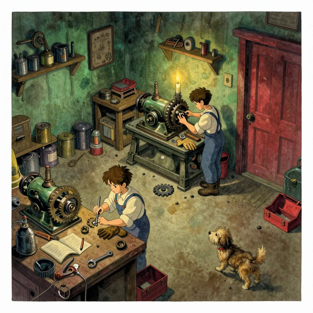 industrial-age machine shop, a novice mechanic struggles to install a gear for the first time, their dog tugs at a toolbox, warm lamplight