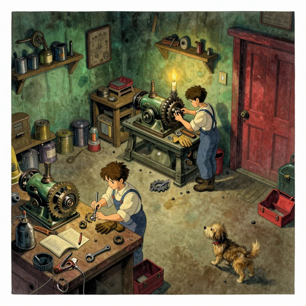 Image B of the puzzle: industrial-age machine shop, a novice mechanic struggles to install a gear for the first time, their dog tugs at a toolbox, warm lamplight