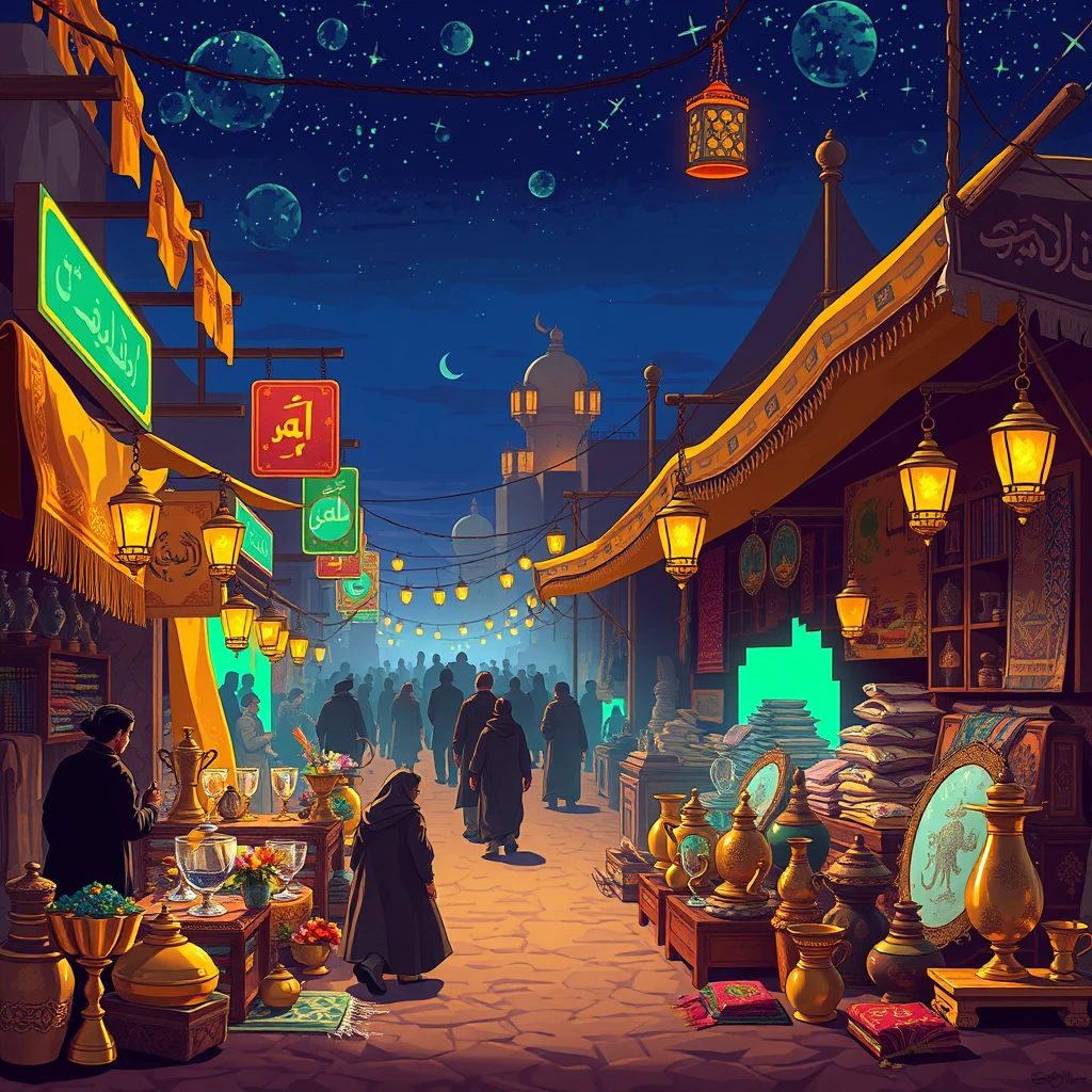 Image A of the puzzle: jinn merchant's desert oasis bazaar with golden carpets and crystal goblets