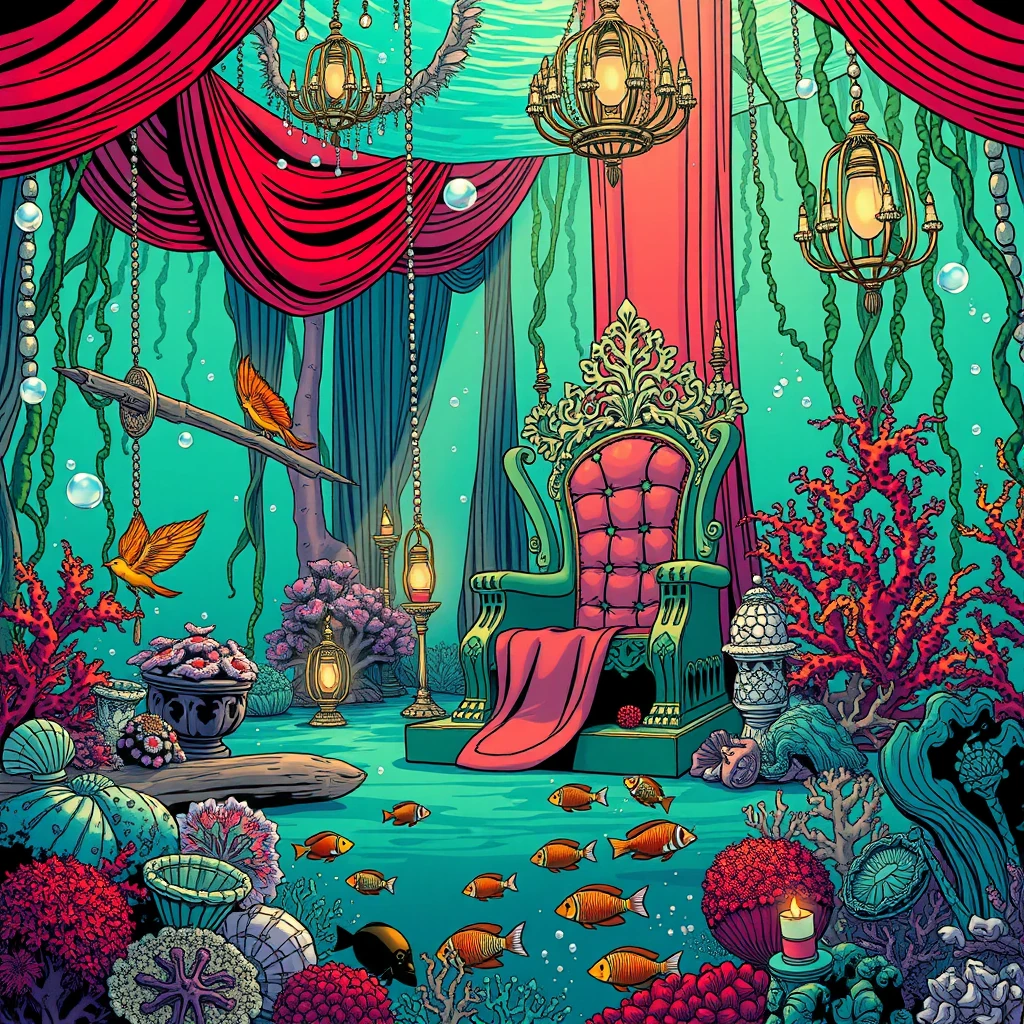Image A of the puzzle: kelpie's underwater garden throne room with seaweed tapestries and pearl chandeliers