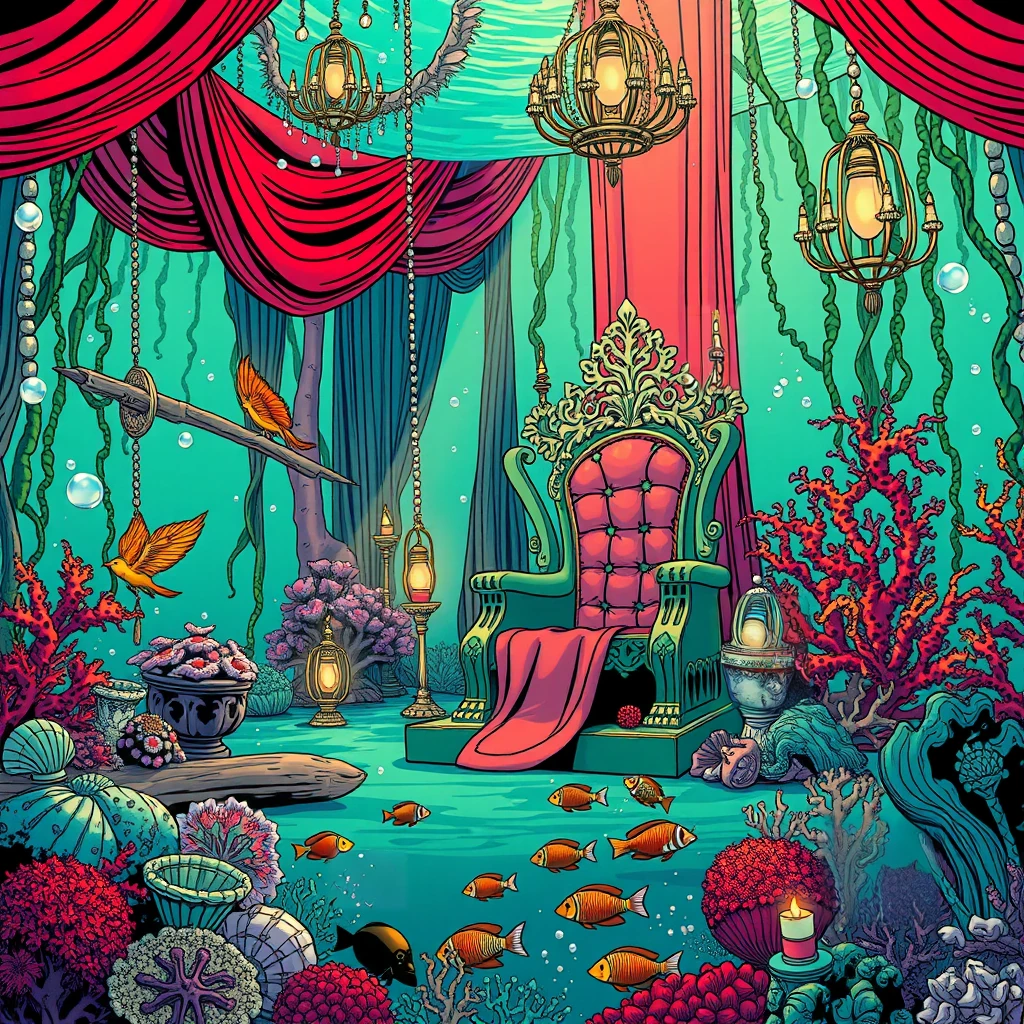Image B of the puzzle: kelpie's underwater garden throne room with seaweed tapestries and pearl chandeliers