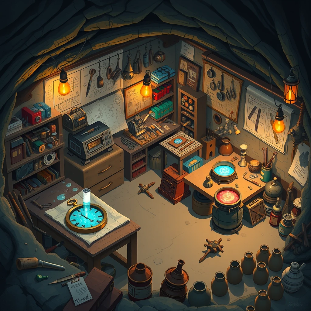 Image A of the puzzle: kobold tinker's gear-strewn burrow lit by flickering torches