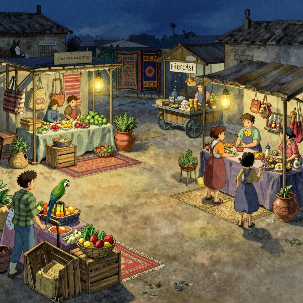 latin american marketplace at dawn, vendors set up colorful stalls, a chatty parrot perches on a wooden crate, golden sunrise
