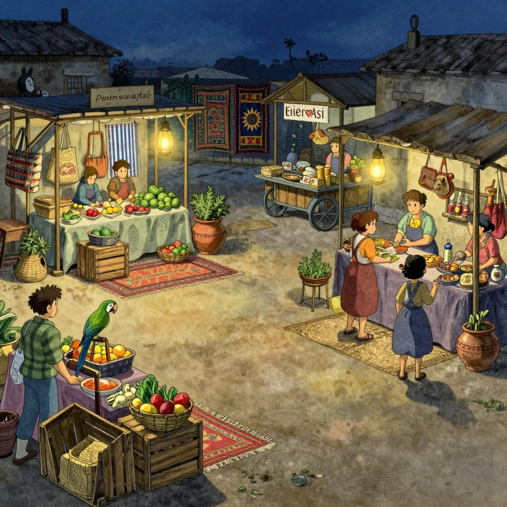 Image B of the puzzle: latin american marketplace at dawn, vendors set up colorful stalls, a chatty parrot perches on a wooden crate, golden sunrise
