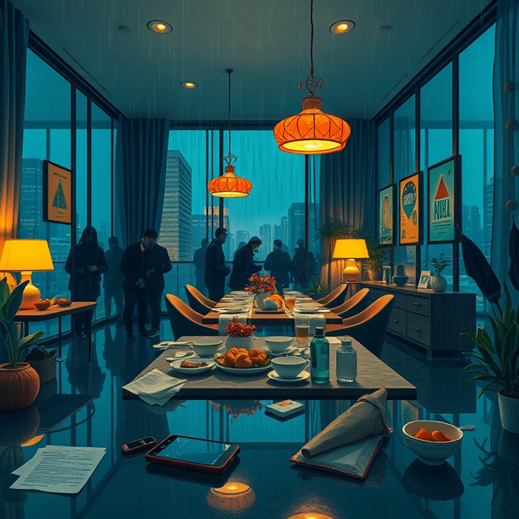Image A of the puzzle: luxury apartment dining room with smart lighting and climate control