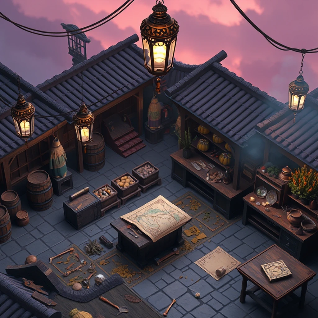 Image A of the puzzle: medieval fantasy marketplace under a glowing crystal sky lantern