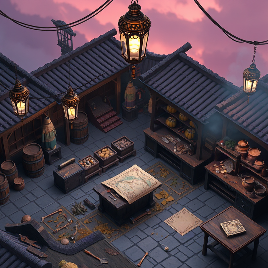 Image B of the puzzle: medieval fantasy marketplace under a glowing crystal sky lantern