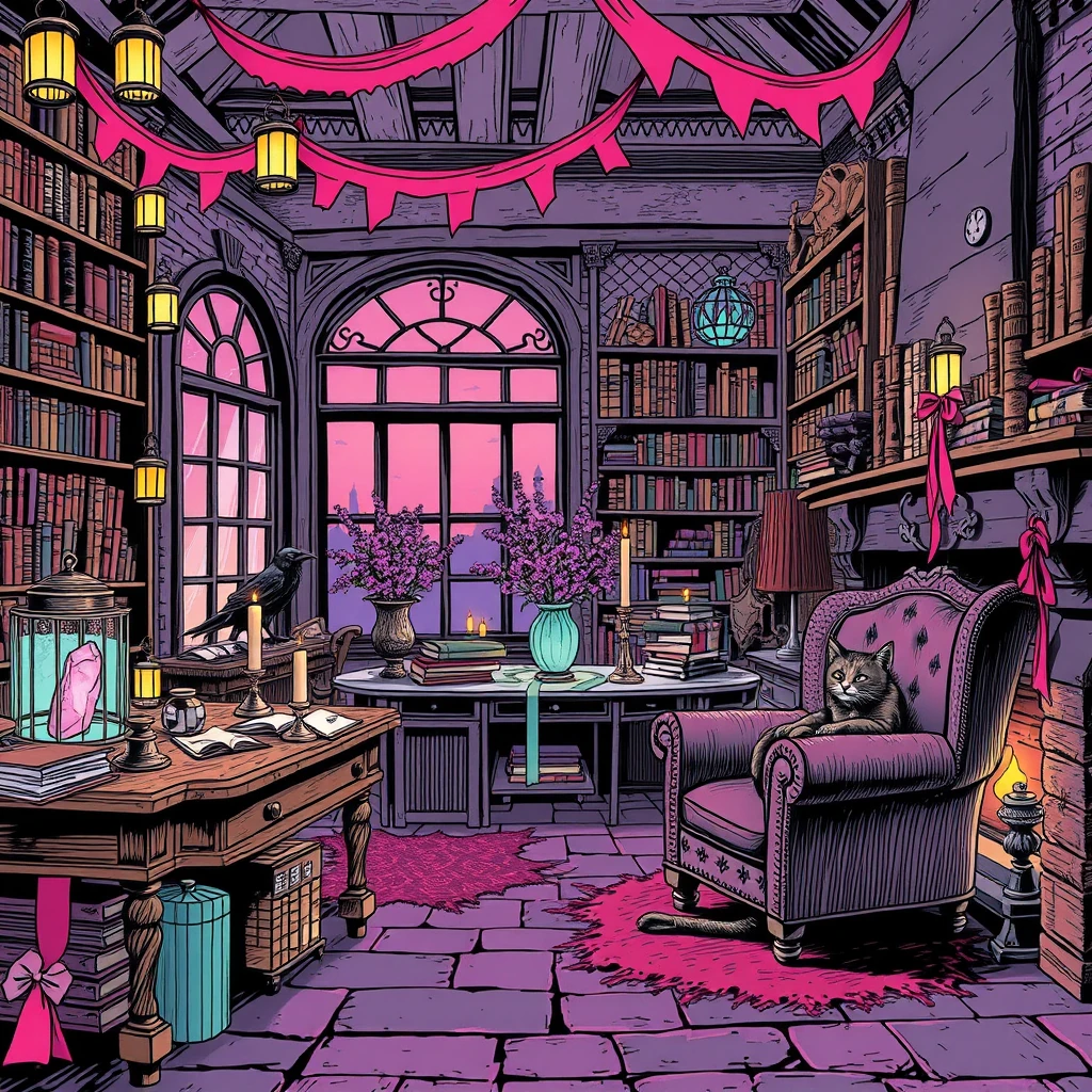 medieval fantasy study with antique books and enchanted crystals