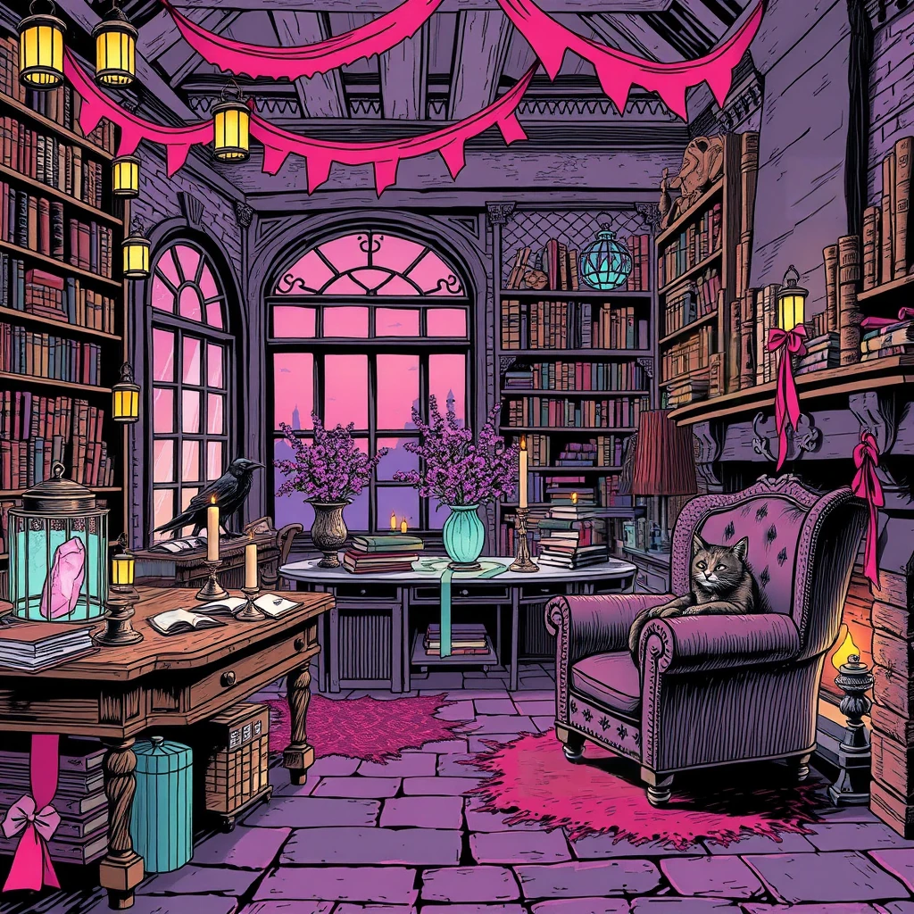 Image B of the puzzle: medieval fantasy study with antique books and enchanted crystals