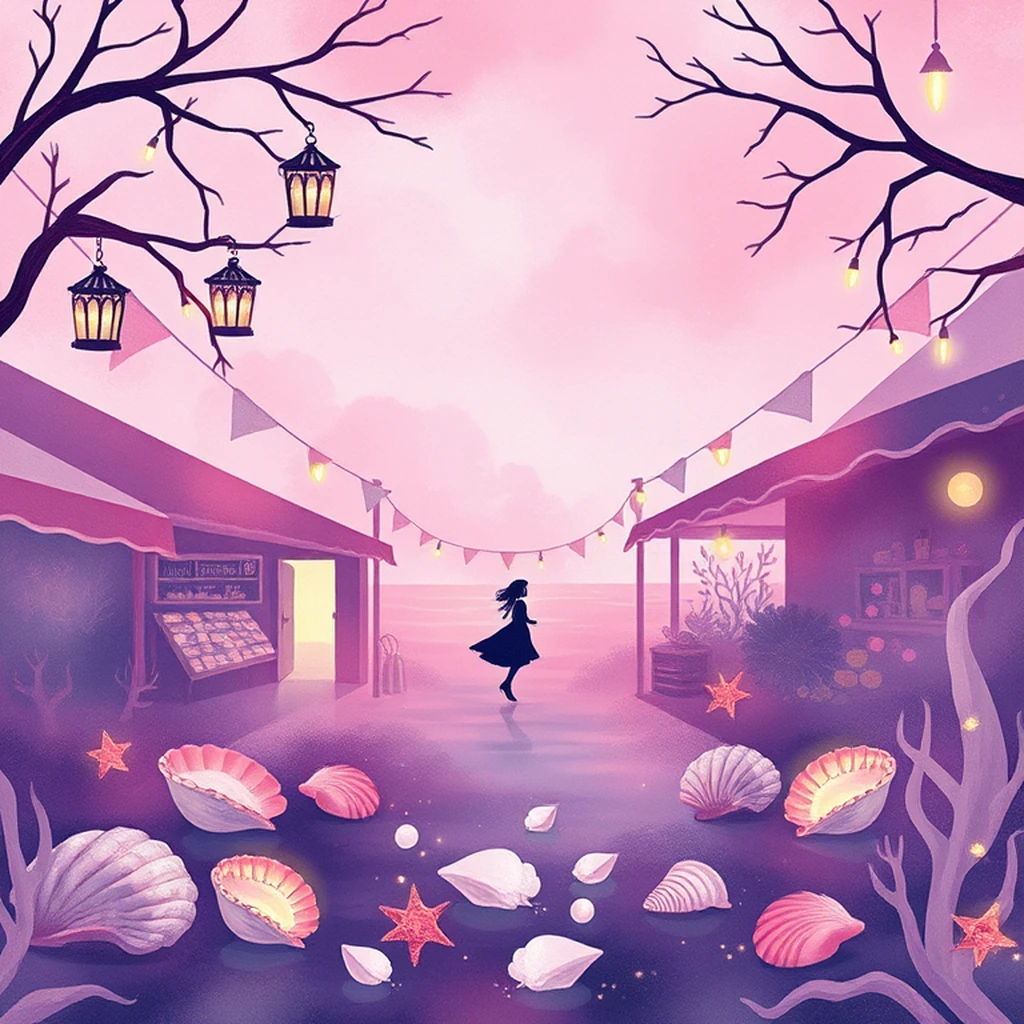 Image A of the puzzle: mermaid lagoon market under moonlight with seashells and pearls