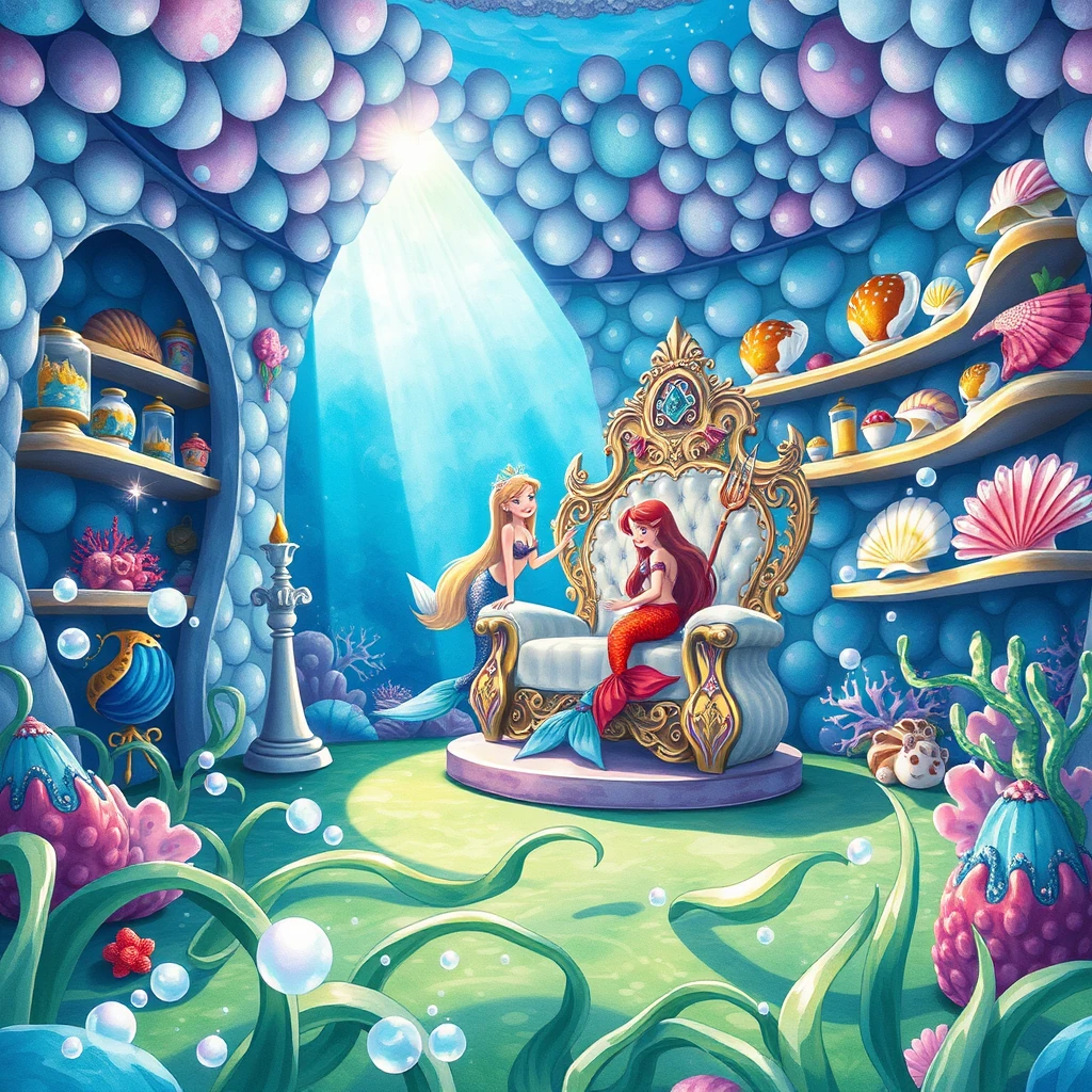 Image A of the puzzle: mermaid queen's throne room beneath the ocean with pearl walls and coral