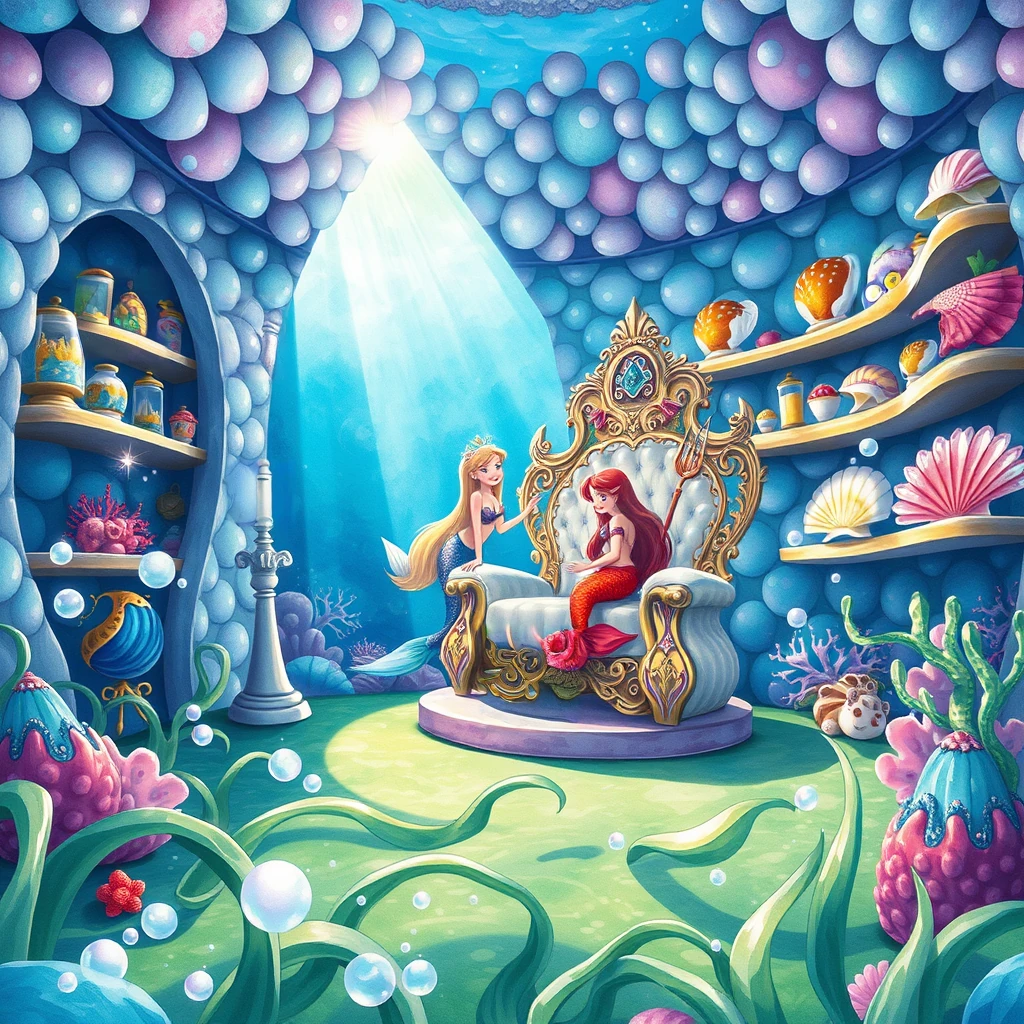Image B of the puzzle: mermaid queen's throne room beneath the ocean with pearl walls and coral