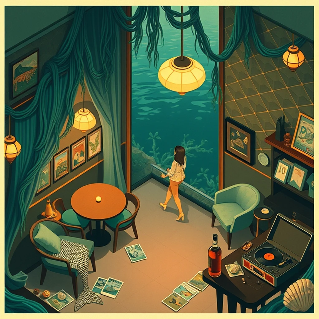 Image A of the puzzle: mermaid tavern near coral reef with seaweed curtains