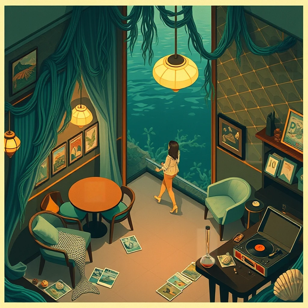 Image B of the puzzle: mermaid tavern near coral reef with seaweed curtains