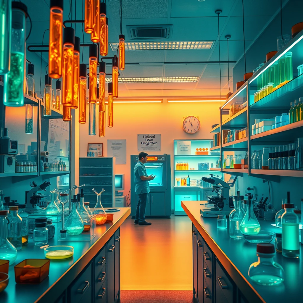 Image A of the puzzle: molecular food lab with glowing test tubes and 3D printed dishes