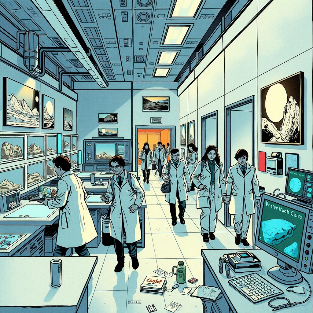 moon colony research center with lunar rock samples and hologram interfaces