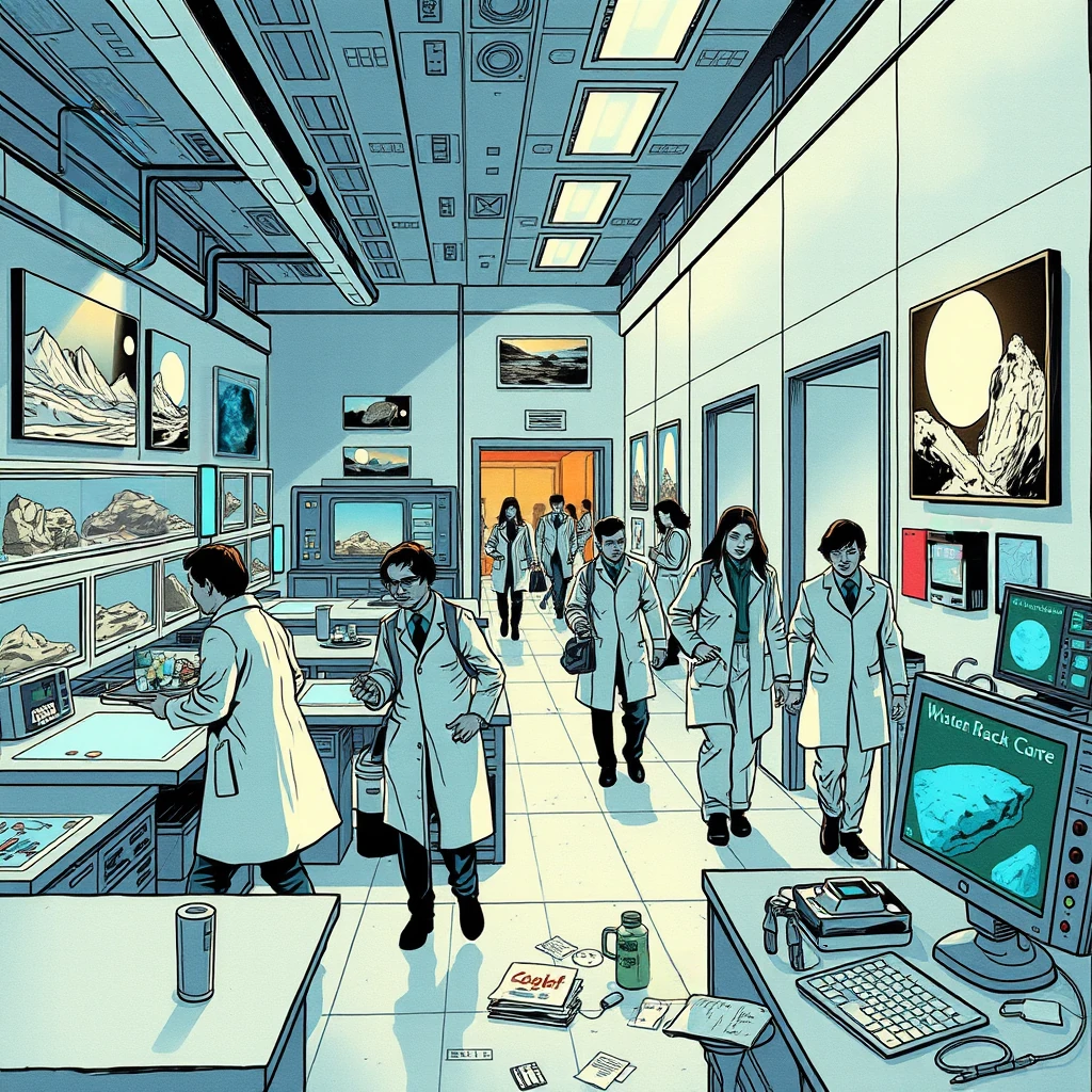 Image B of the puzzle: moon colony research center with lunar rock samples and hologram interfaces