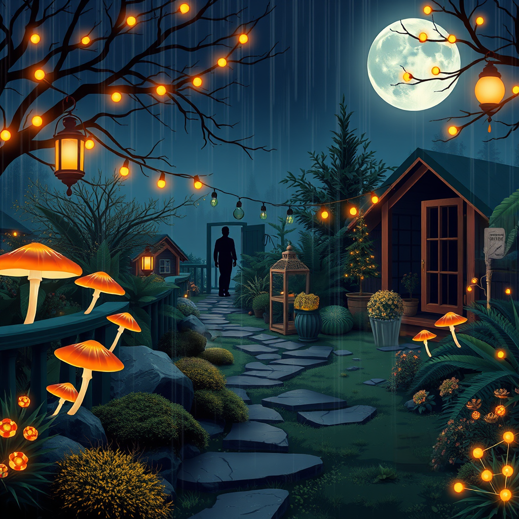Image B of the puzzle: moonlit garden with fairy lights and magical mist