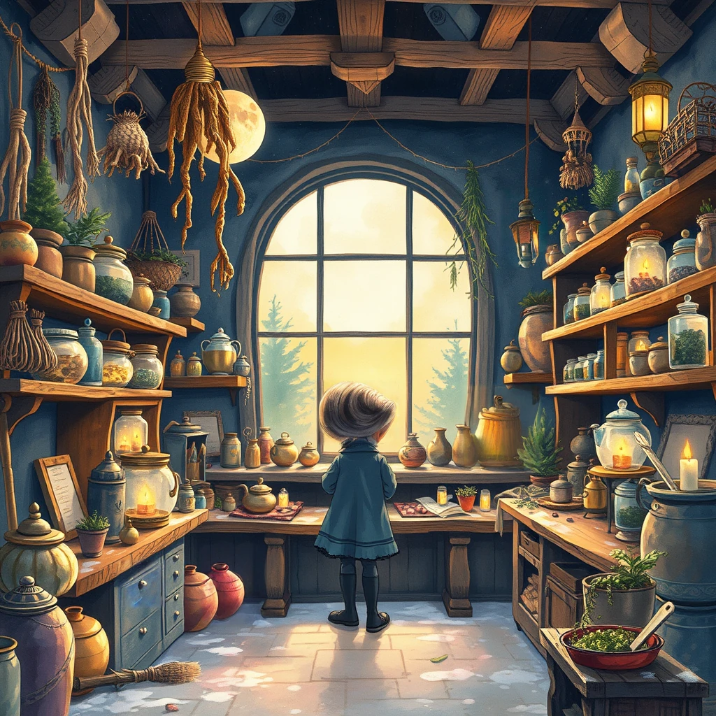 Image B of the puzzle: moonlit witch's apothecary shop filled with dried herbs and bubbling cauldrons