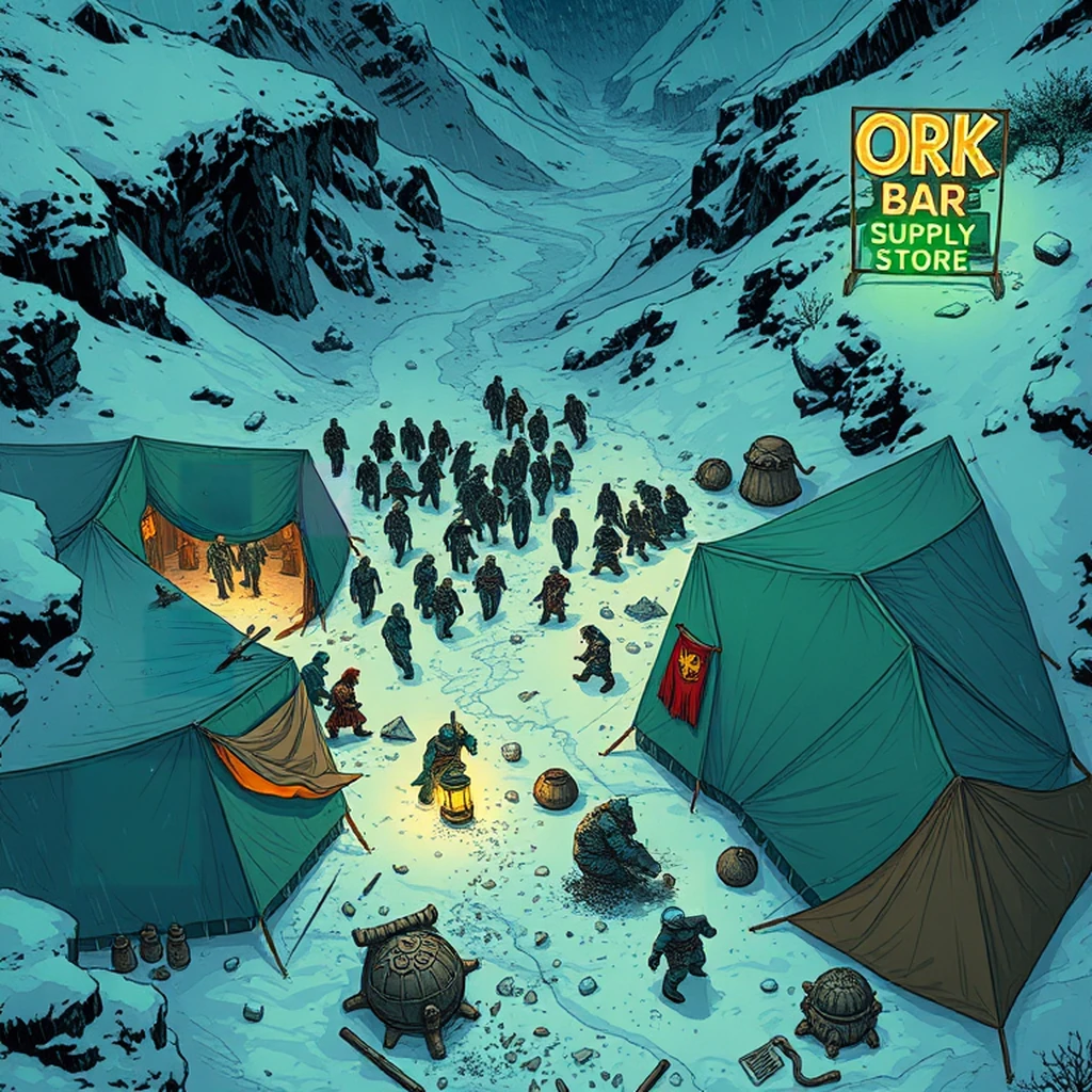 Image B of the puzzle: mountain orc settlement in snow-filled valley with tents pitched