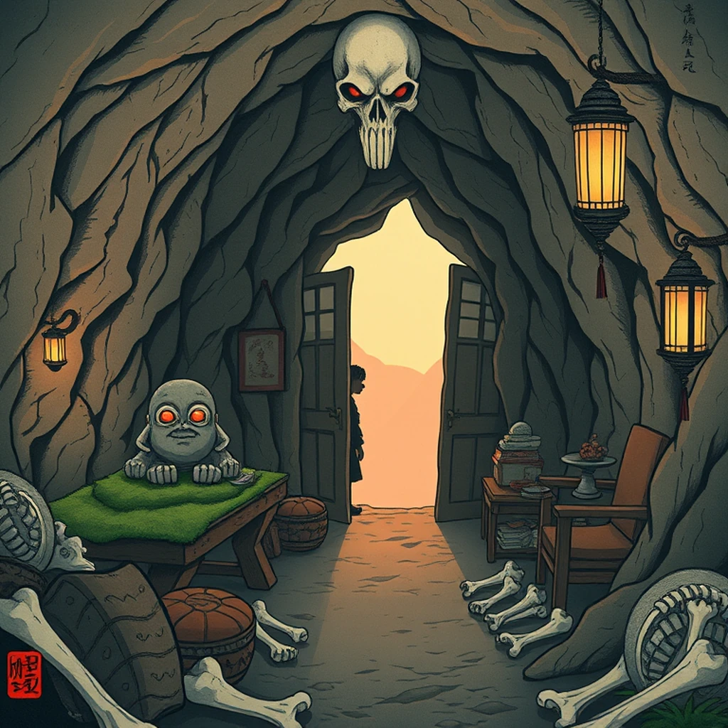 Image A of the puzzle: mountain troll cave filled with bone piles and crude furniture