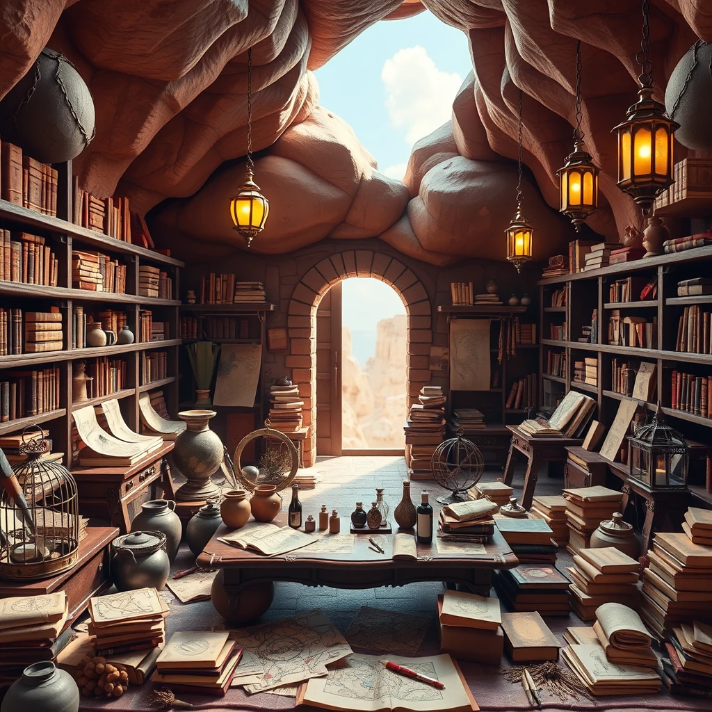 Image A of the puzzle: mystical cartographer's cave library with floating globes and parchment maps