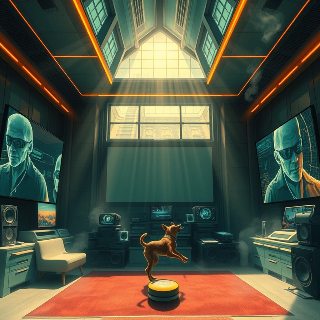 Image A of the puzzle: near future home theater room with immersive audio-visual systems