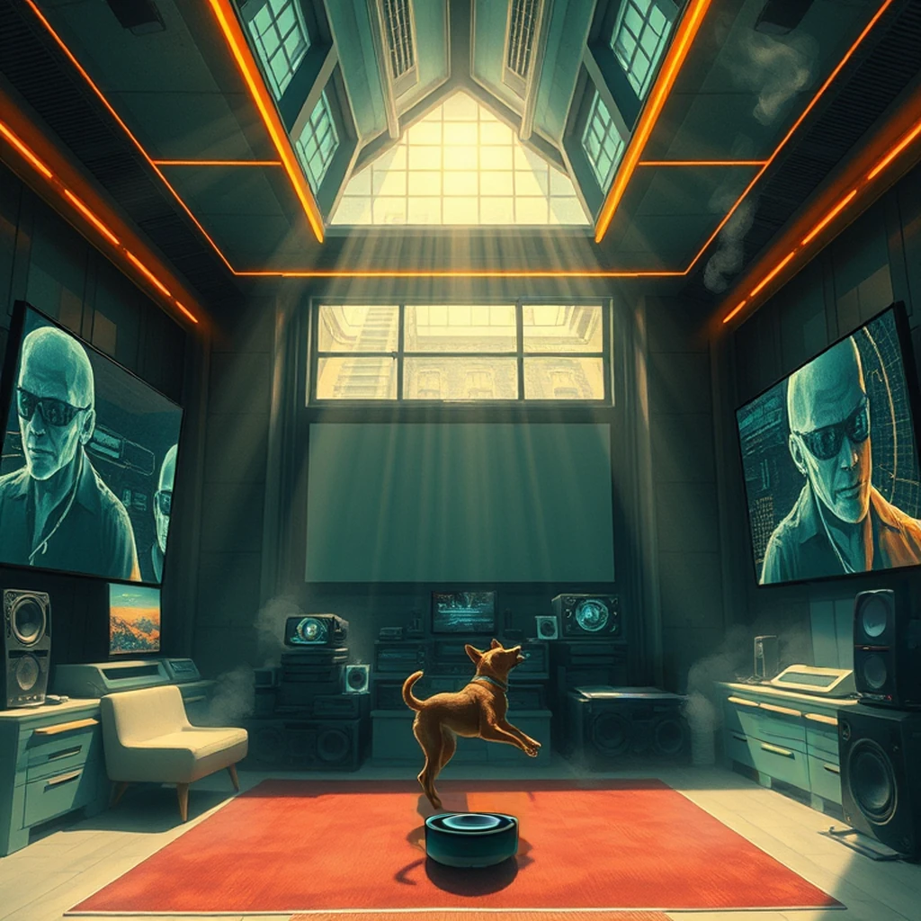 Image B of the puzzle: near future home theater room with immersive audio-visual systems