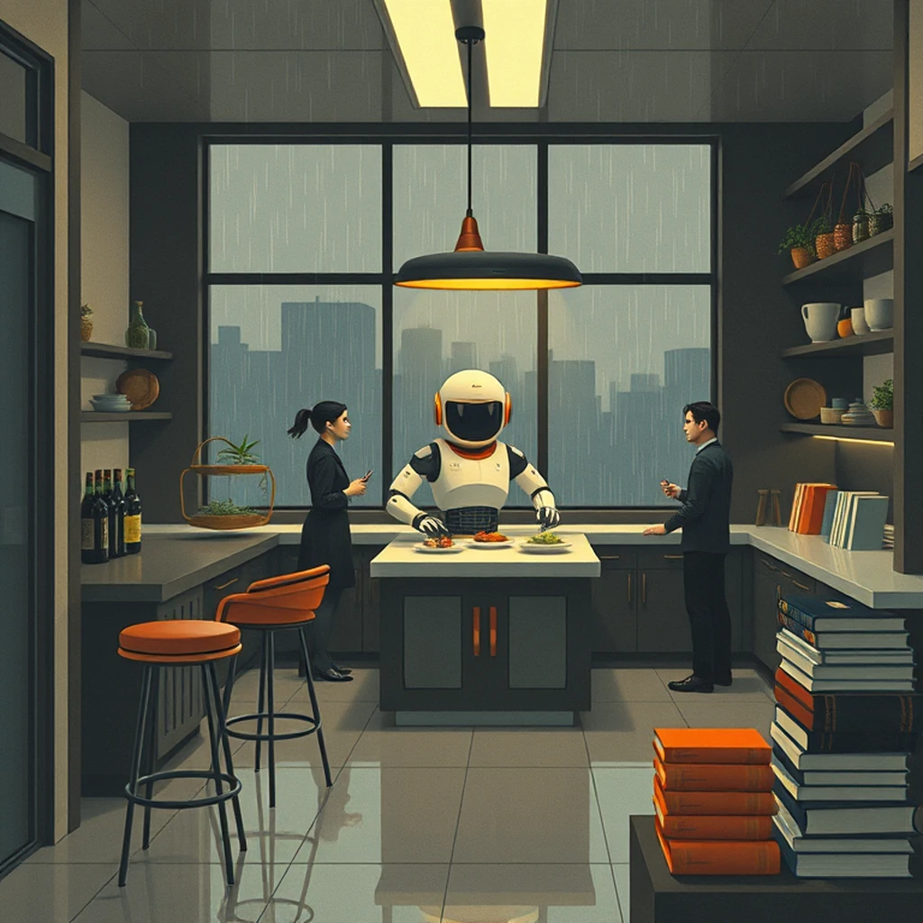 Image A of the puzzle: near future kitchen with automated cooking robot and touchscreen controls