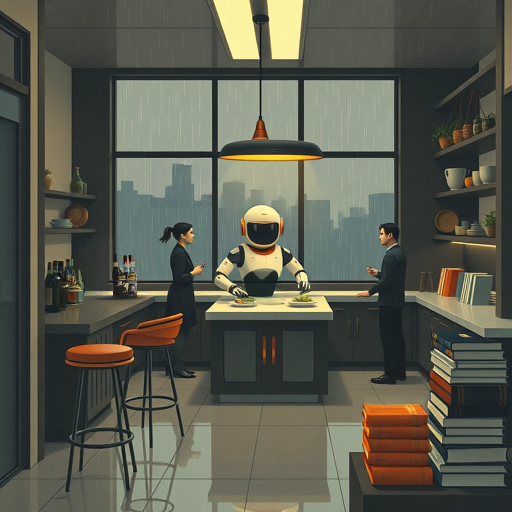 Image B of the puzzle: near future kitchen with automated cooking robot and touchscreen controls
