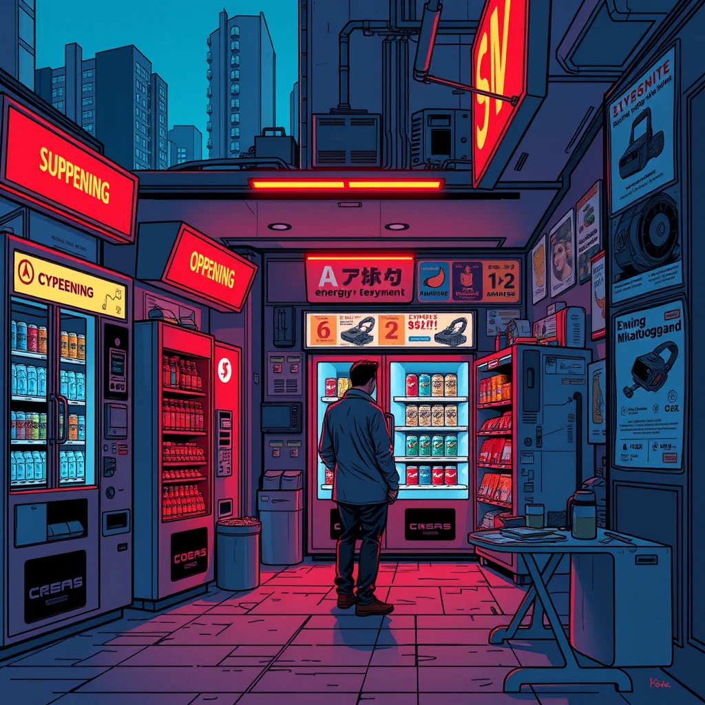 Image A of the puzzle: neon-lit cyber city convenience store with holographic ads and e-payment systems