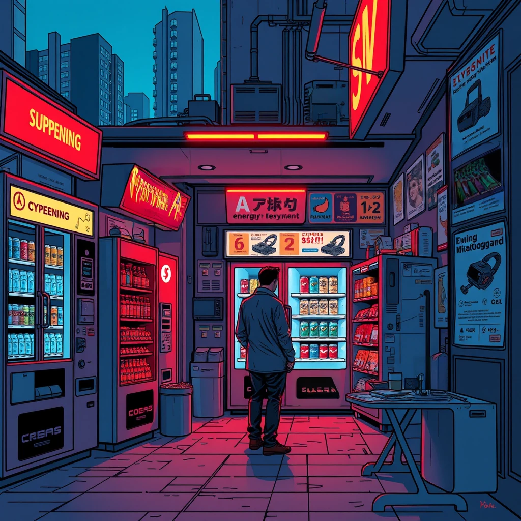 Image B of the puzzle: neon-lit cyber city convenience store with holographic ads and e-payment systems