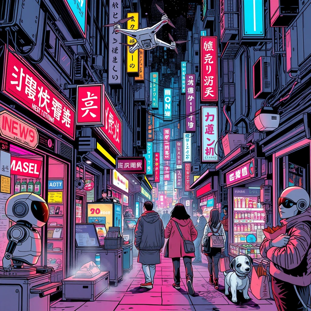 neon-lit market alleyway in cyber city with hologram vendors