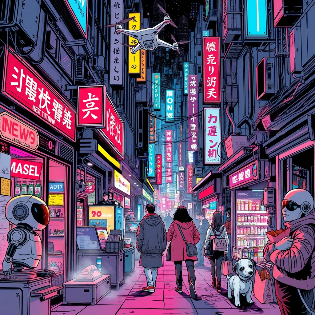 Image B of the puzzle: neon-lit market alleyway in cyber city with hologram vendors
