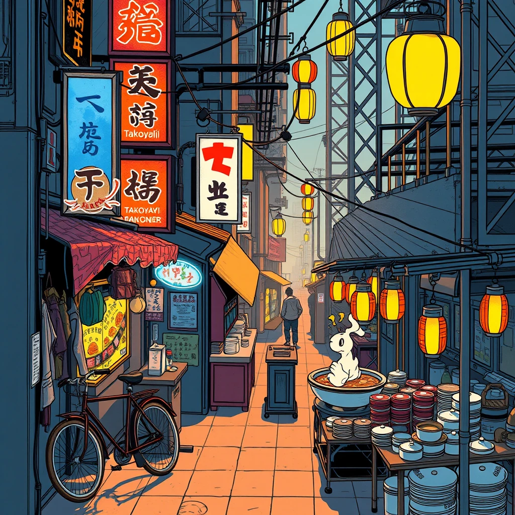 Image A of the puzzle: Neon-lit street food market in retro-futuristic Tokyo