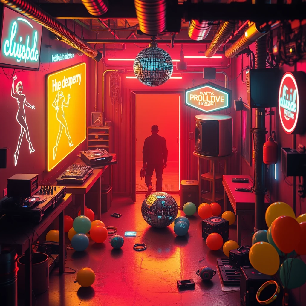Image A of the puzzle: neon-lit underground rave club with holographic dancers and electric lights