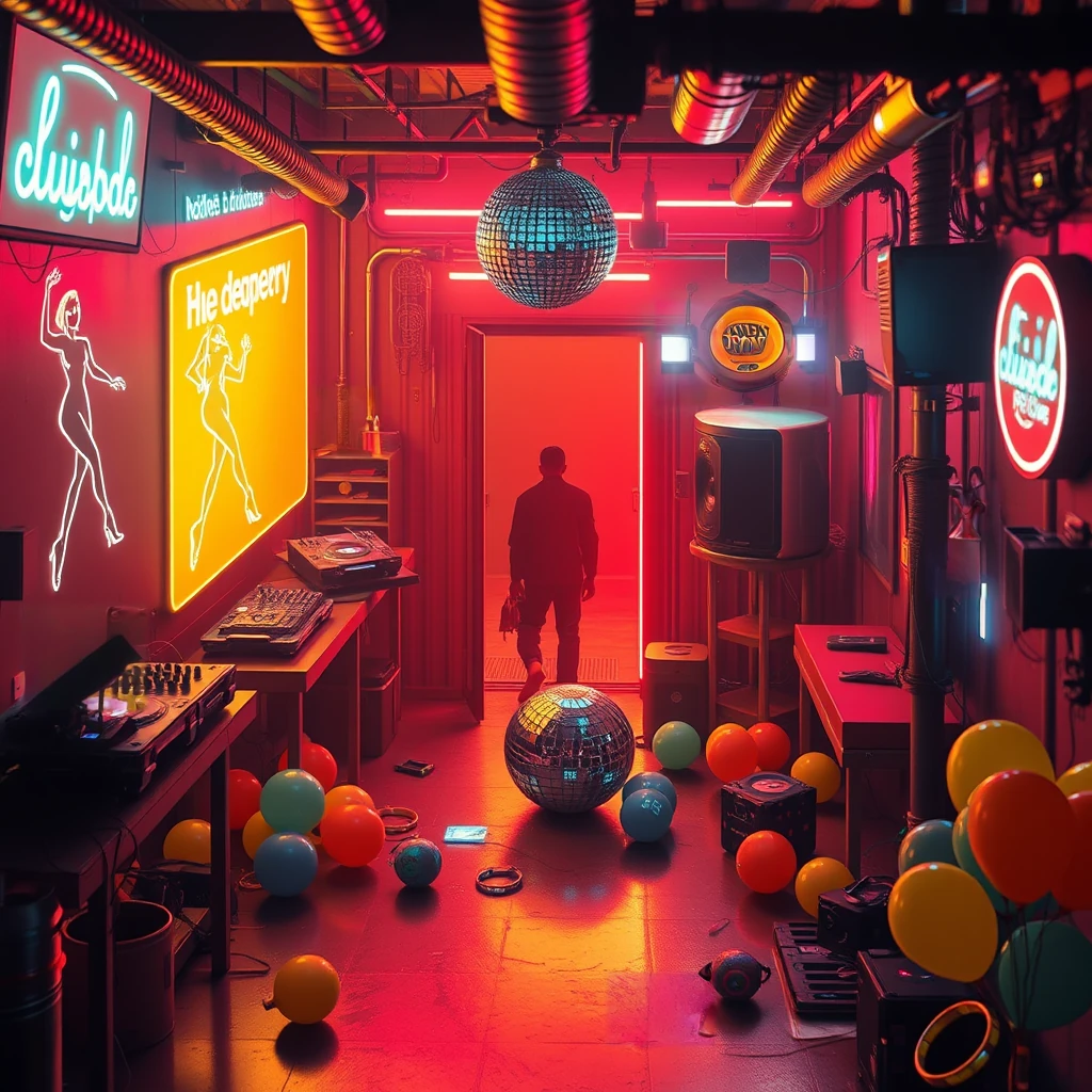 Image B of the puzzle: neon-lit underground rave club with holographic dancers and electric lights