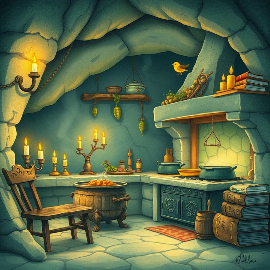 Image A of the puzzle: ogre cave kitchen with cauldrons of stew and rough furniture