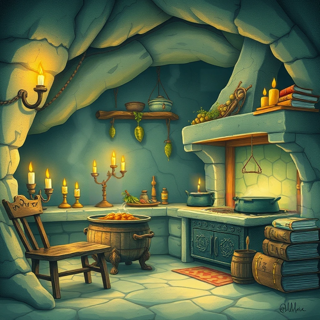 Image B of the puzzle: ogre cave kitchen with cauldrons of stew and rough furniture
