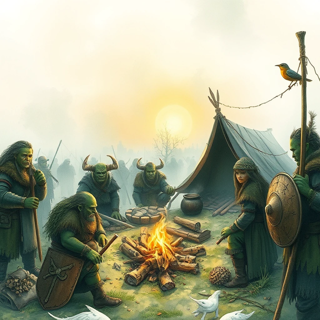 Image A of the puzzle: orc encampment in dense fog with bone-carved weapons and leather shields