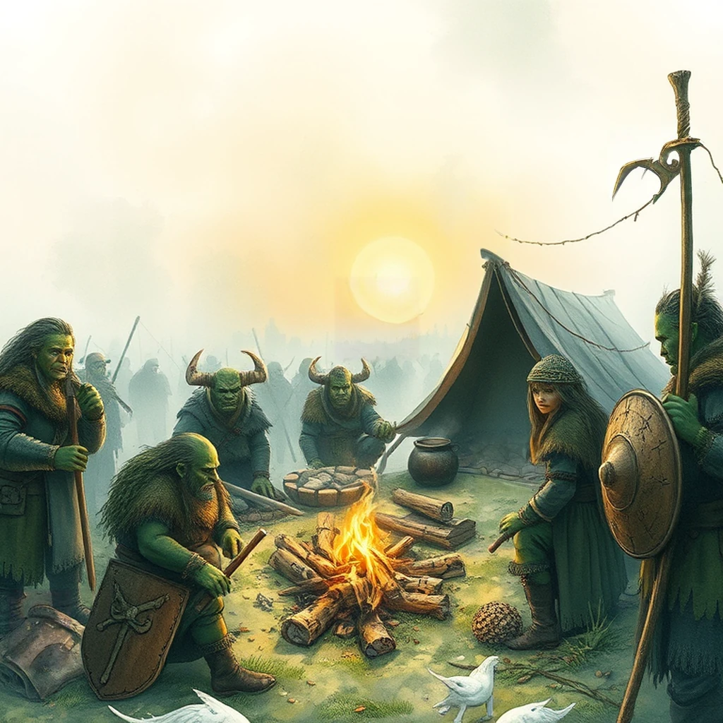 Image B of the puzzle: orc encampment in dense fog with bone-carved weapons and leather shields