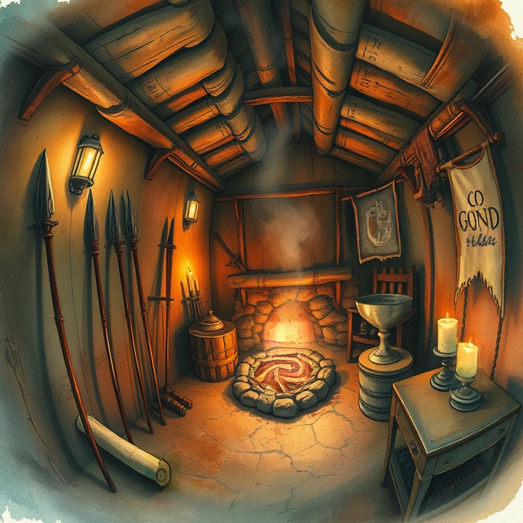 Image B of the puzzle: orcish encampment interior with spears leaning against walls