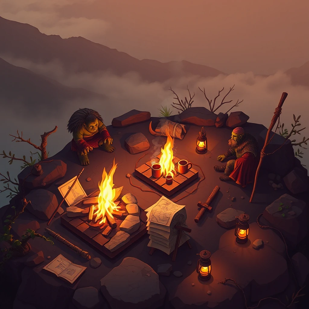 Image A of the puzzle: orcish raiding party resting on hilltop with fires burning