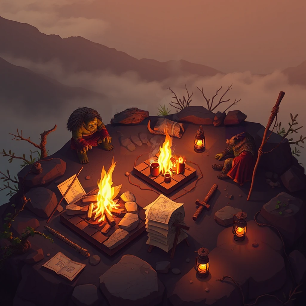 Image B of the puzzle: orcish raiding party resting on hilltop with fires burning